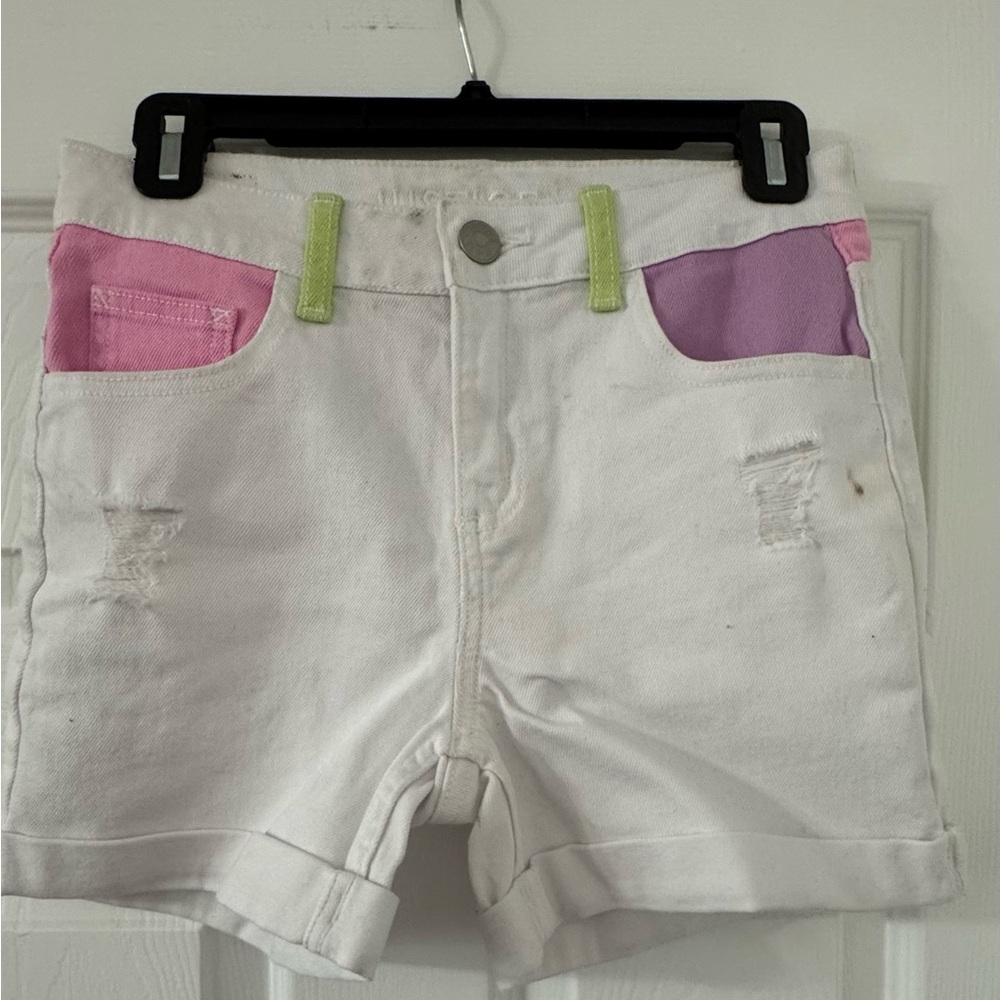 Justice White Jean Shorts with Pink and Purple Pockets